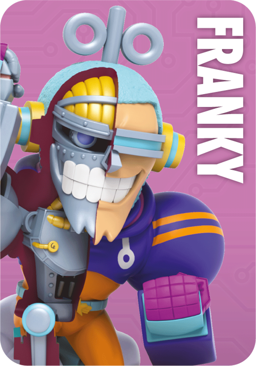 Franky figure, half skeletal, kneeling on one knee with one arm bent upwards and the other resting forward.