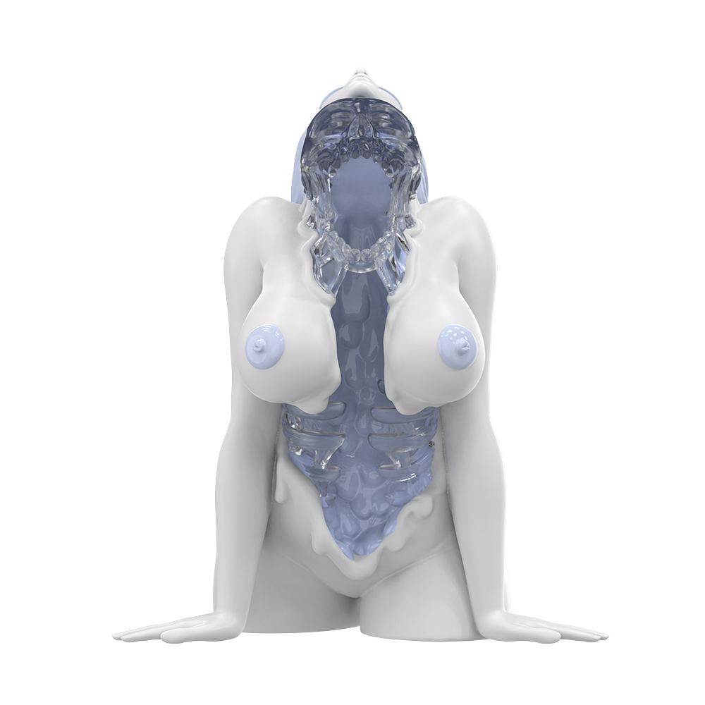 Figure of a kneeling female form with translucent icy torso and skull emerging from the open chest cavity, head tilted upward.