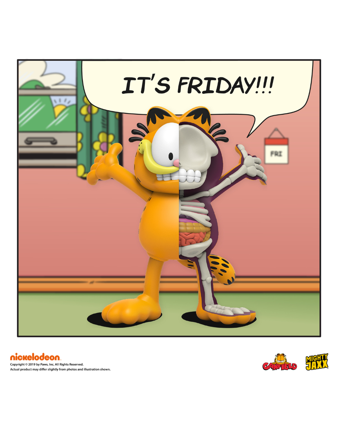 Garfield figure, half skeletal, standing with arms raised, grinning, thinking "IT'S FRIDAY!!!" in a comic style room.