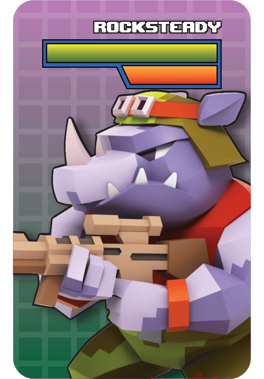 Pixelated Rocksteady blind box figurine with green helmet and rifle, posed in combat stance on a retro arcade backdrop.