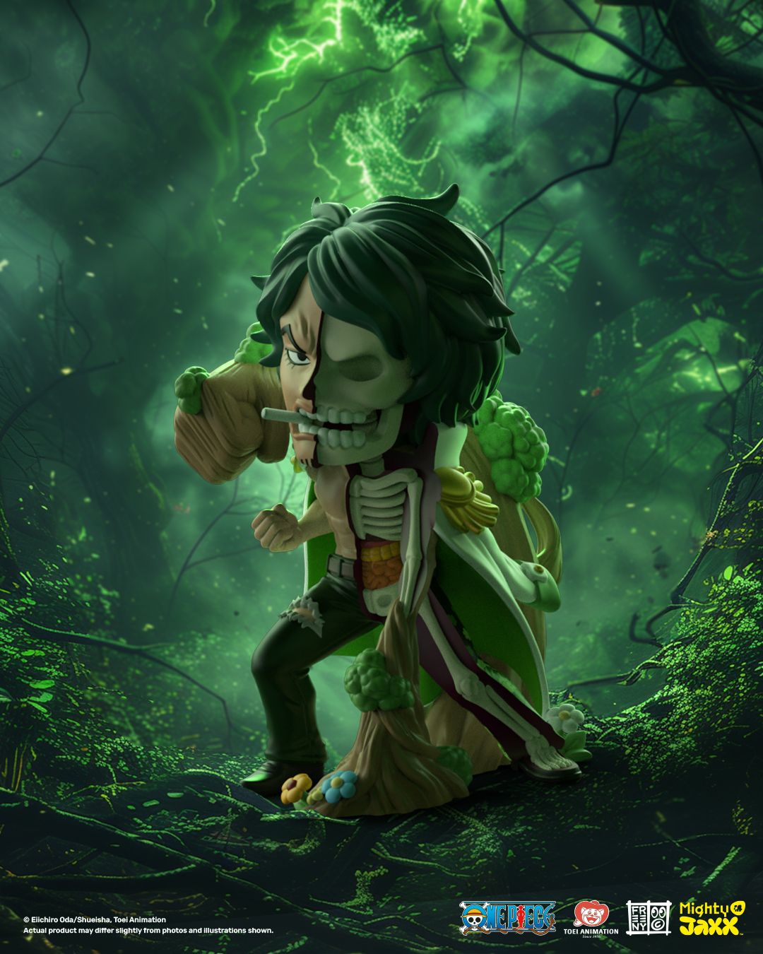 Aramaki figure, half-skeletal, dressed in green with vine-like tendrils swirling around, standing in a green aura of power.