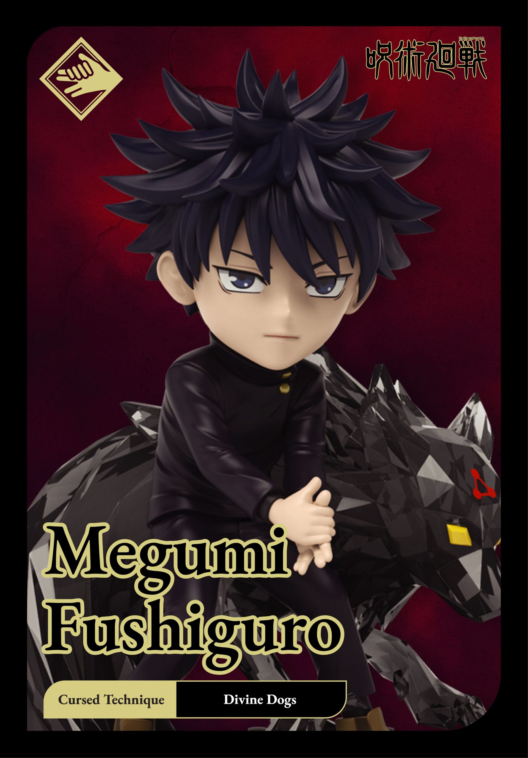 Megumi Fushiguro Kwistal Jujutsu Kaisen blind box collectible figure summoning his Divine Dogs with crystal energy.