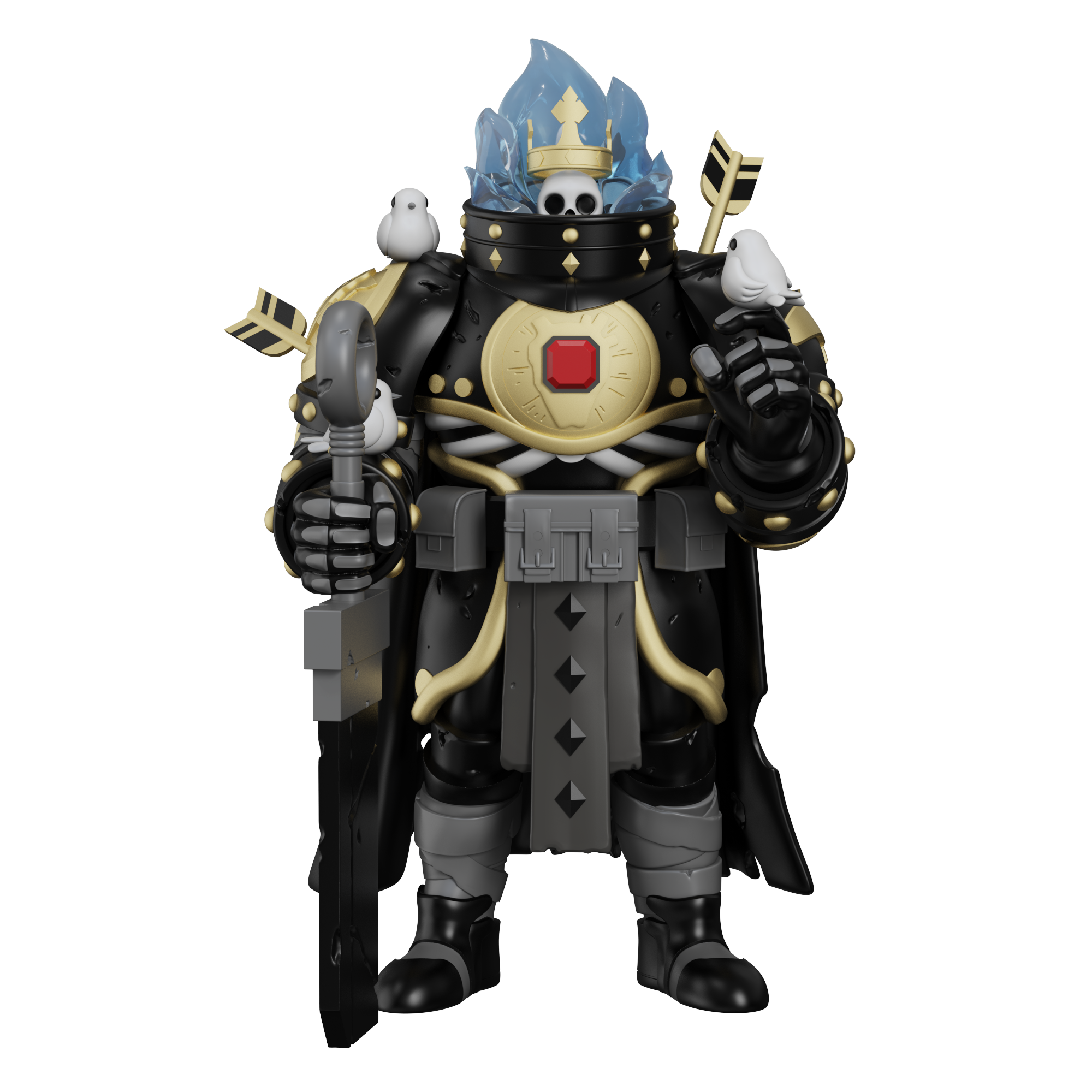Armoured skeletal figure with blue flame crown and gold chestplate, holding a broadsword with white birds perched on shoulders.