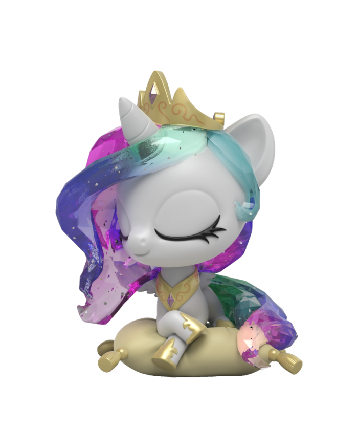 Kwistal Princess Celestia Memories Edition figure seated cross-legged on a gold pillow, wearing a crown and translucent hair.