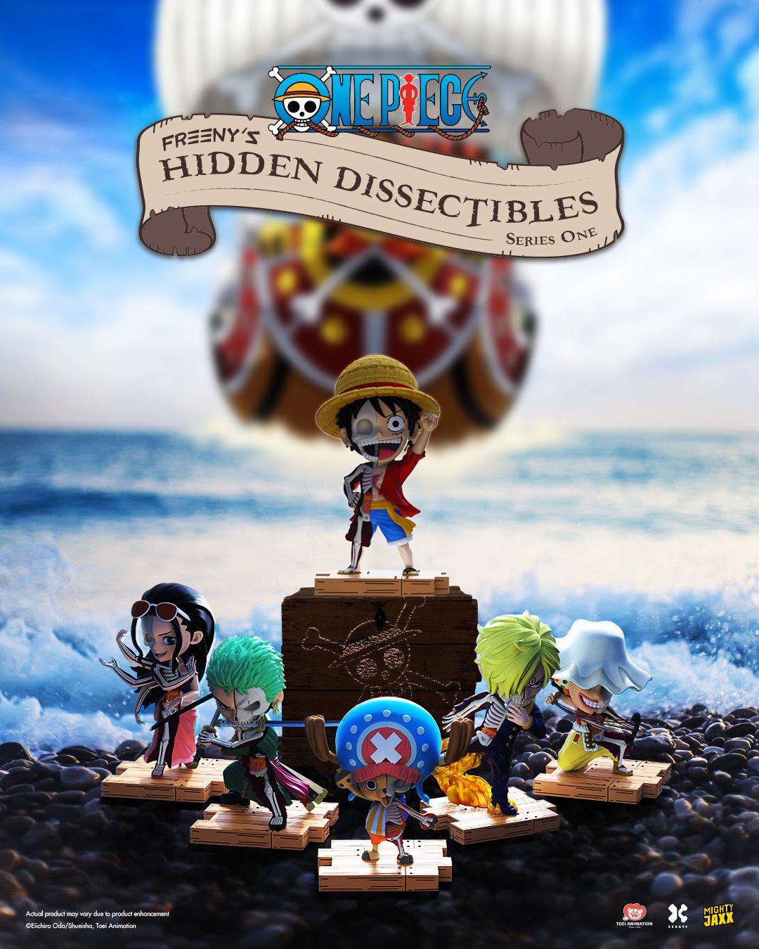 One Piece blind box group shot showing Luffy, Zoro, Sanji, Chopper, Robin, and Usopp figures in Freeny’s dissected style.
