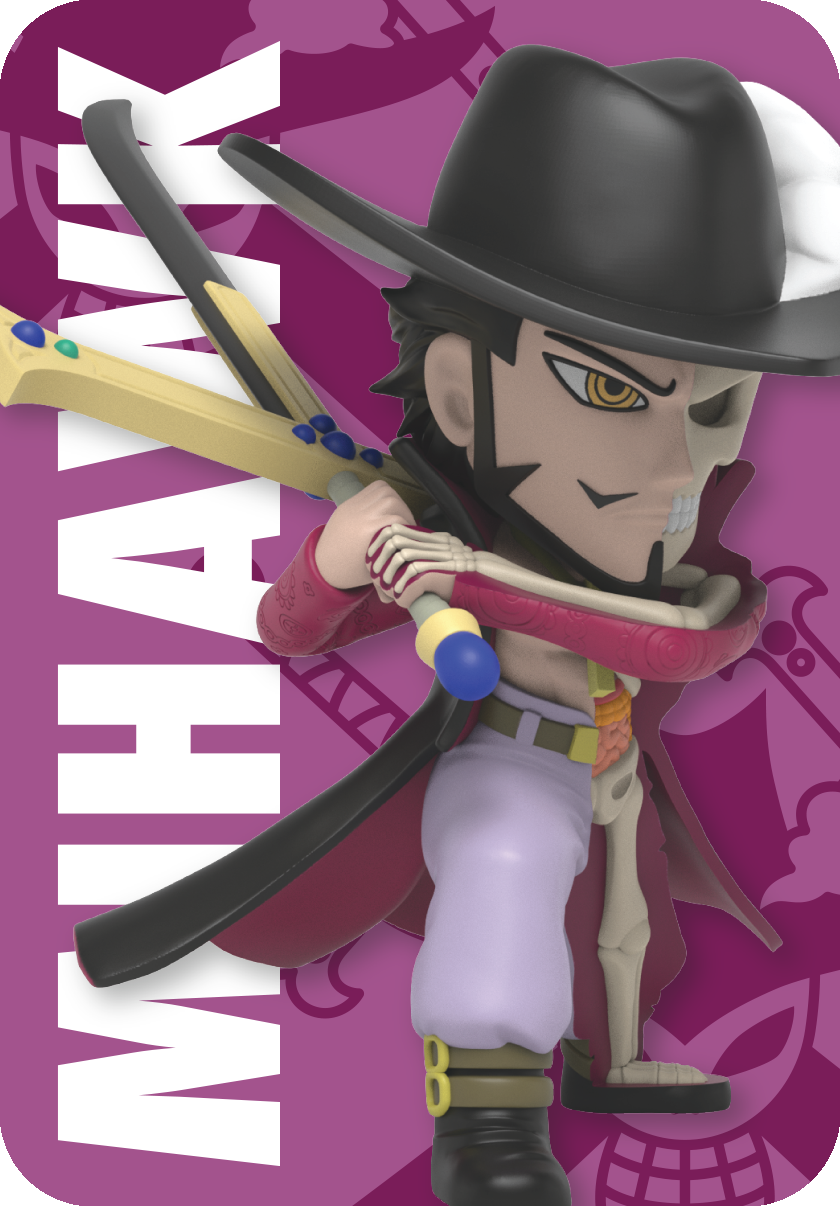Mihawk from One Piece figure, half skeletal, standing with both hands on a sword that rests against his shoulder.