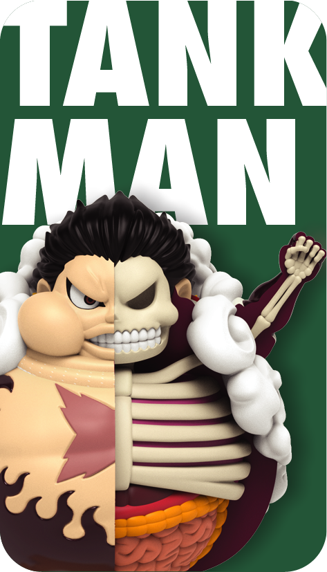 Tank-Man Luffy figure, half normal half skeletal, puffed up with inflated chest and arm raised in powerful battle pose