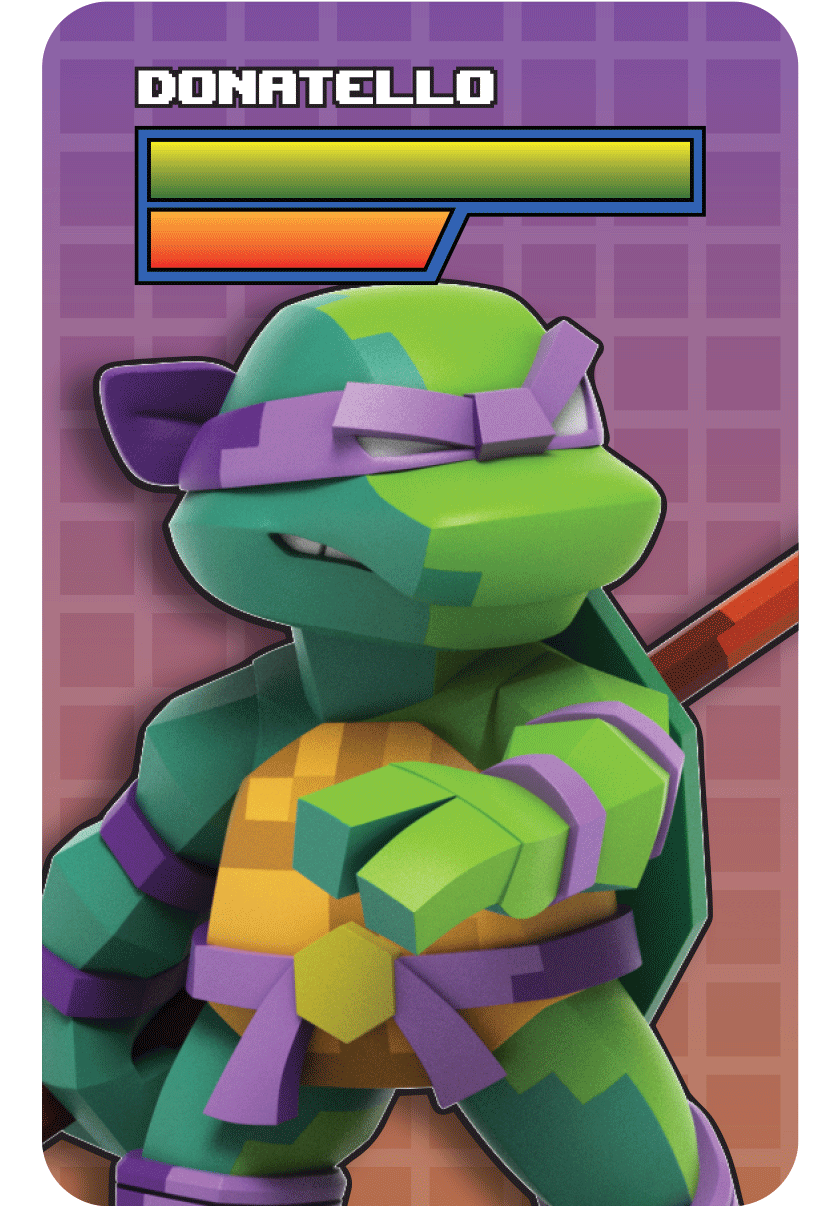 Pixelated Donatello blind box figurine with purple bandana and bo staff, posed dynamically on a colorful backdrop.