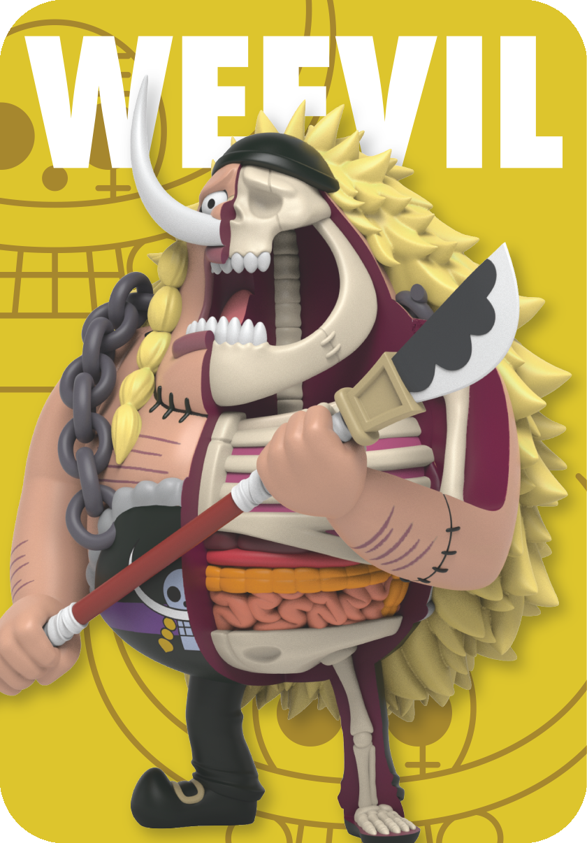 Edward Weevil from One Piece figure, half skeletal, standing with both hands supporting a naginata with his mouth open.