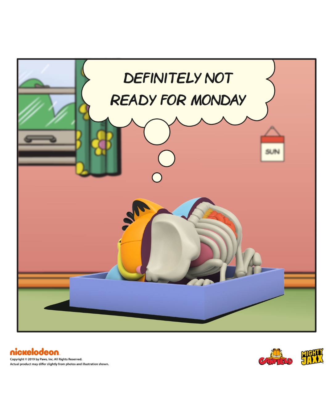 Garfield figure, half skeletal, curled up in bed and thinking "DEFINITELY NOT READY FOR MONDAY" in a comic style room.