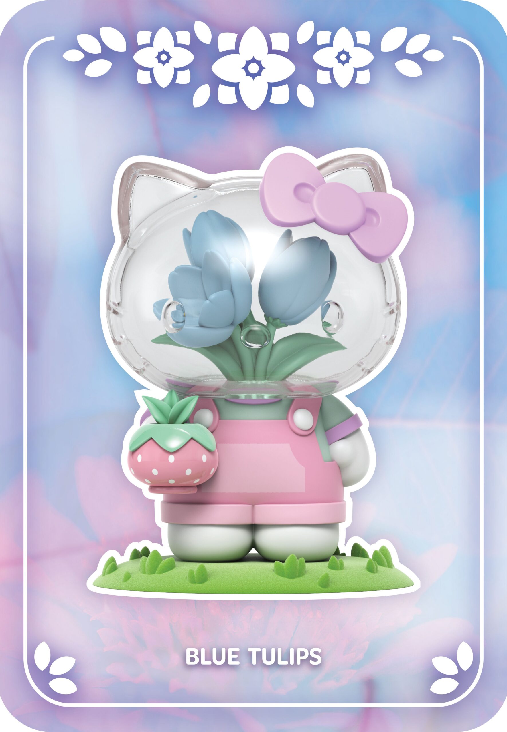 Hello Kitty with blue tulips inside a clear head, wearing pink overalls and holding a strawberry pot.