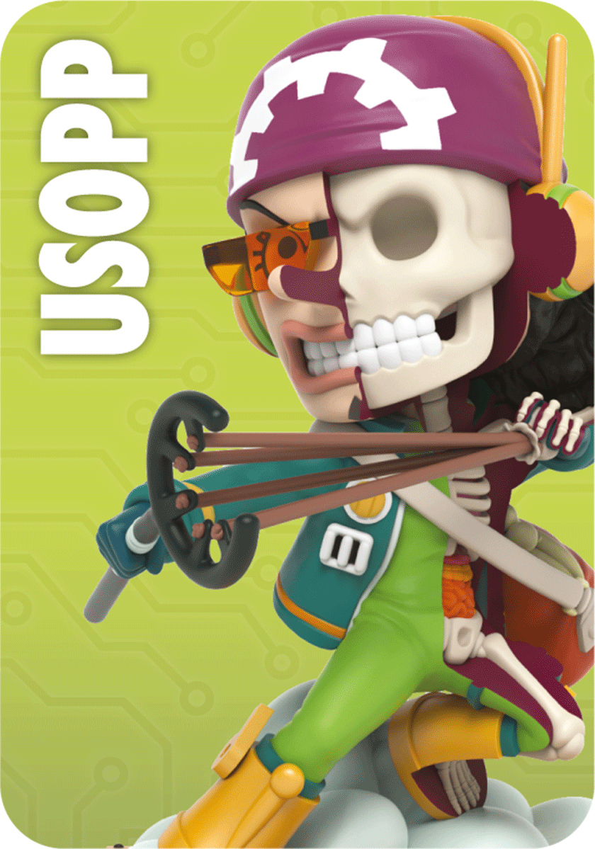 Usopp figure, half skeletal, wearing googles and headphones and pulling back a slingshot while perched on a cloud.