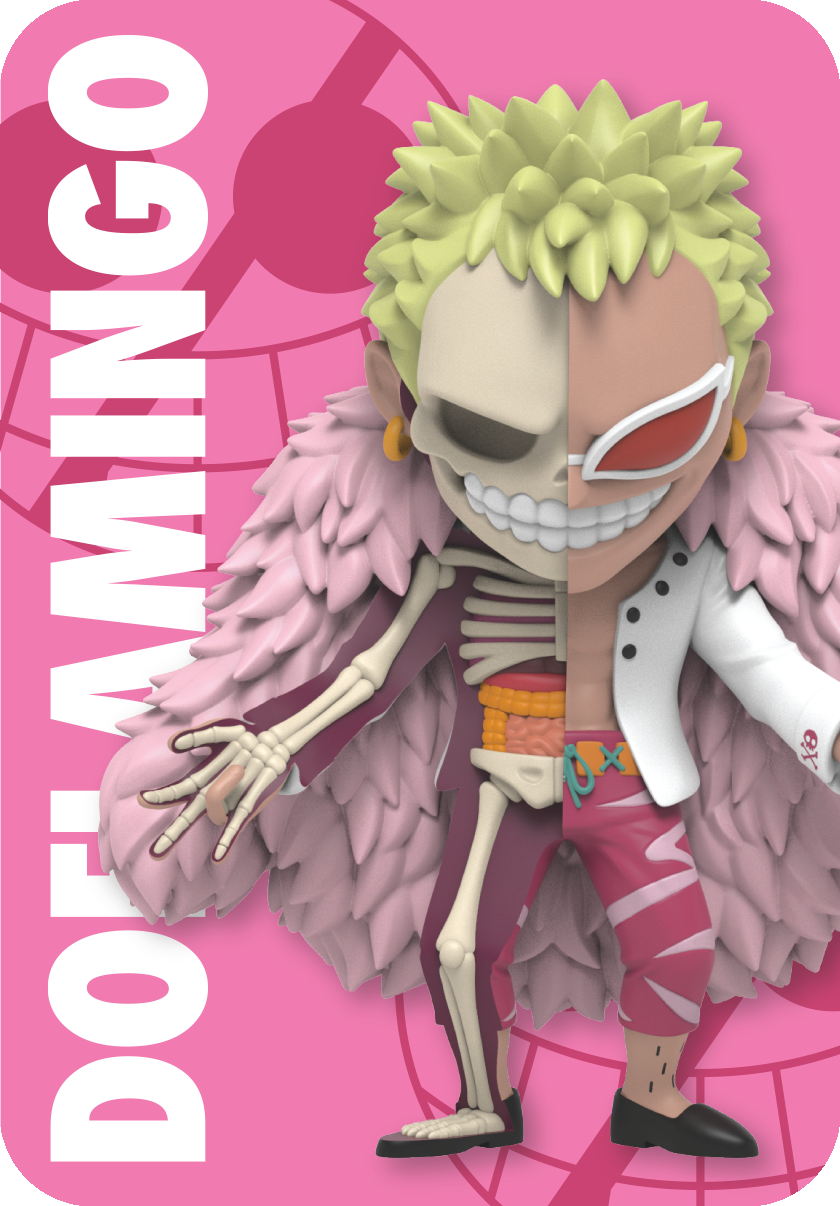 Doflamingo from One Piece figure, half skeletal, in a standing pose with arms spread wide and a smirk.