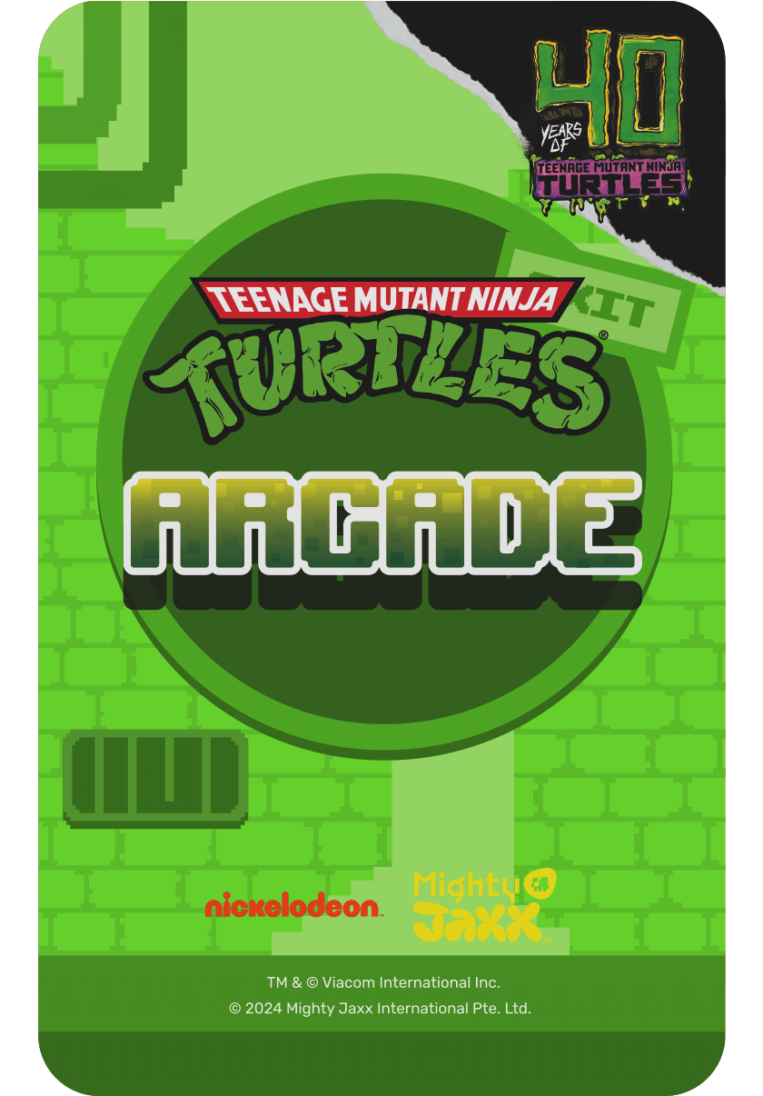 Teenage Mutant Ninja Turtles Arcade blind box card back, featuring green pixelated sewer design, 40th anniversary logo.