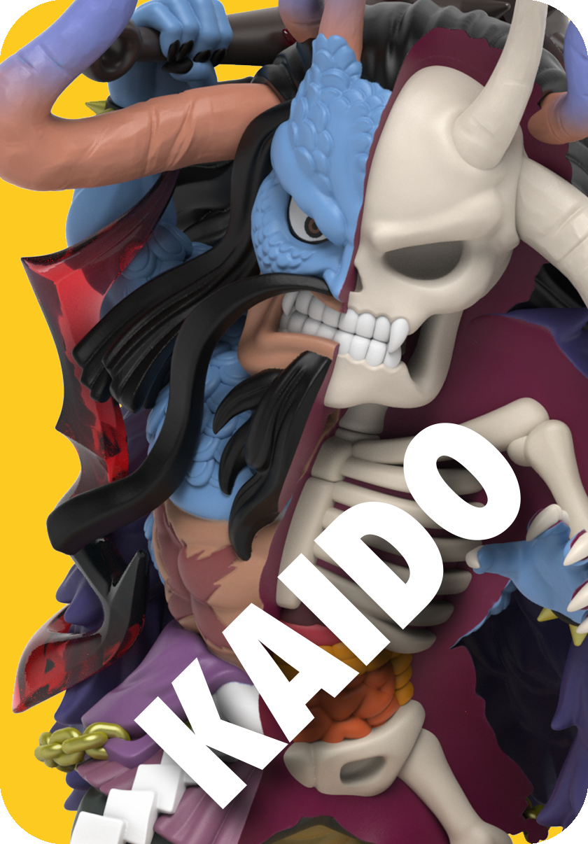 Kaido figure, half-skeletal, with purple horns, long hair, and fierce snarl against yellow background.