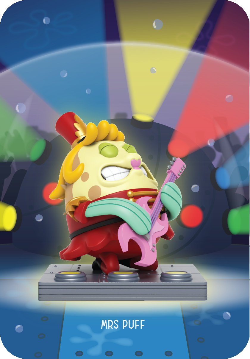 Mrs. Puff Band Geeks blind box collectible figure joyfully strumming a pink electric guitar in band outfit.