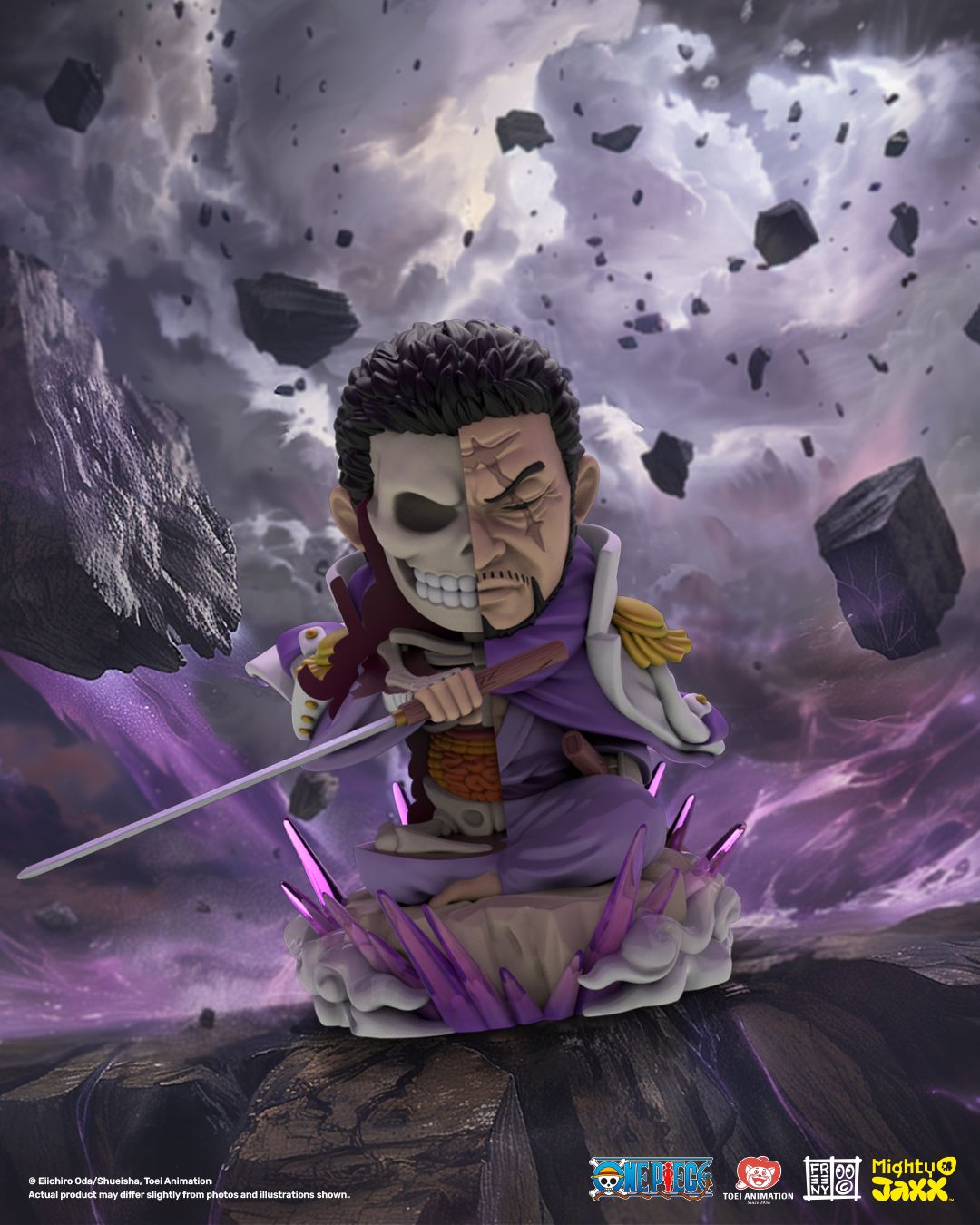 Issho figure, half-skeletal, holding a sword with purple aura, surrounded by floating rocks in a stormy purple sky.