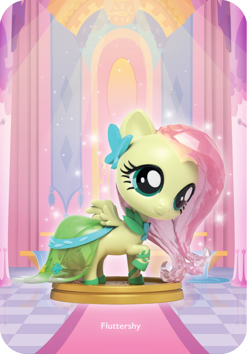 Fluttershy figure in a green gala dress with pink flowing mane, standing on a gold base in a pastel hall background.