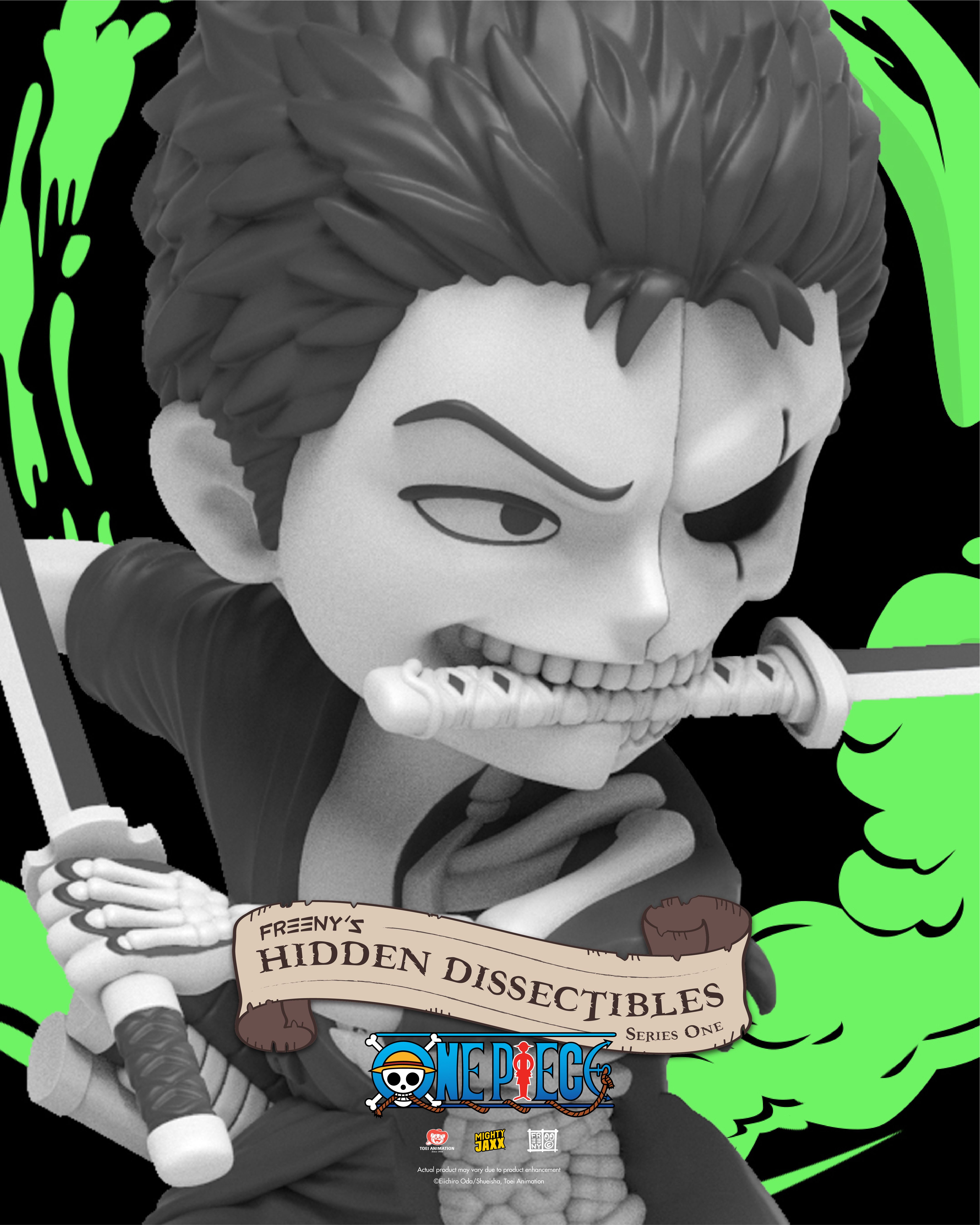 Zoro chaser variant from the One Piece blind box collection, metallic dissected figure showing intense battle stance.
