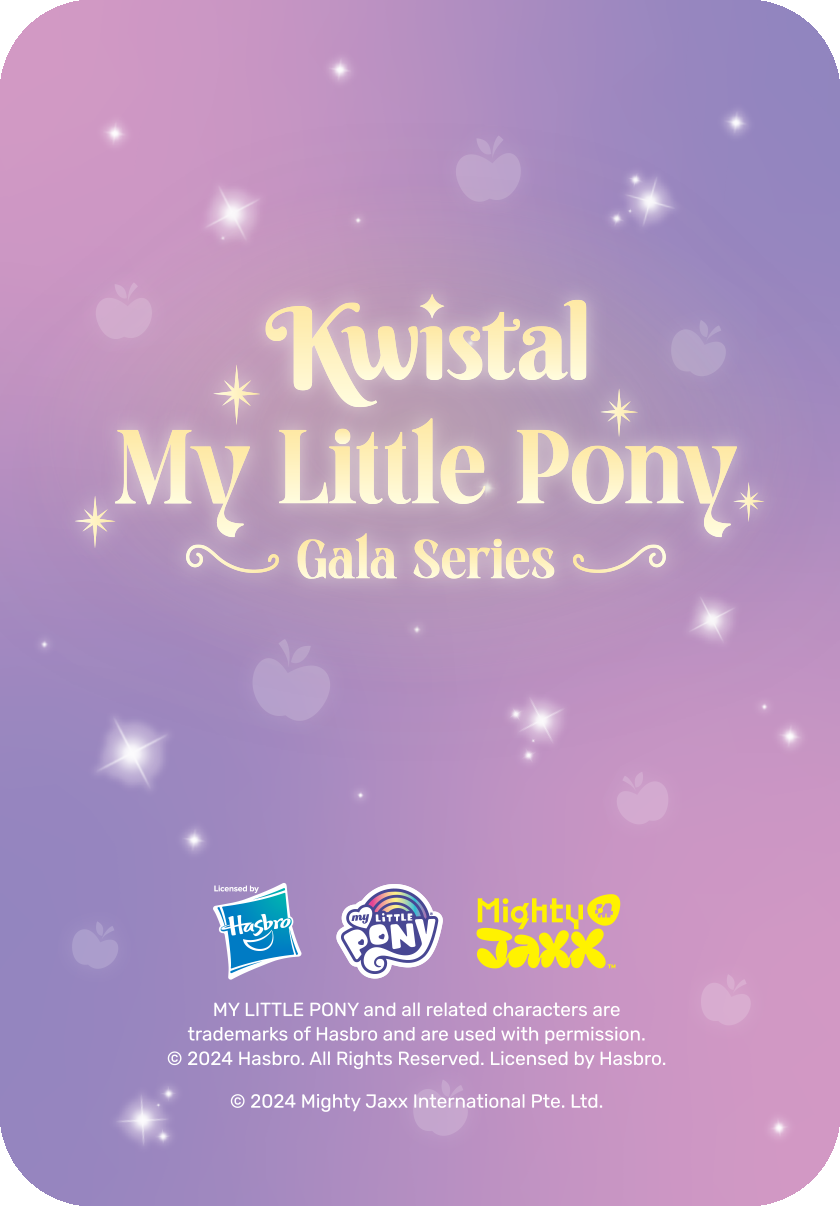 Kwistal My Little Pony Gala Series logo card with shimmering text and sparkling stars on a purple gradient background