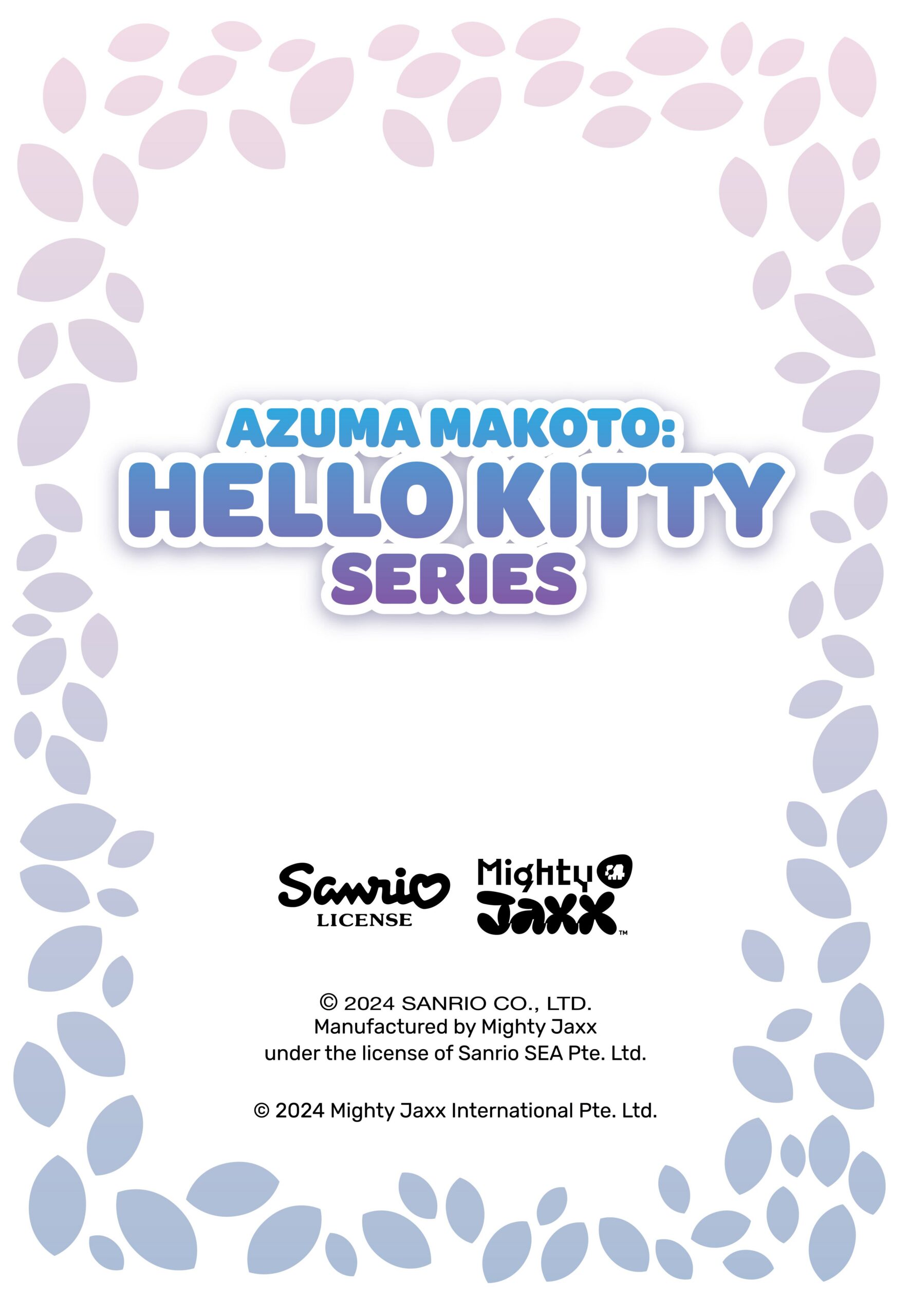 Azuma Makoto: Hello Kitty Series text, with Sanrio and Mighty Jaxx logos and credits, and a pastel floral frame.