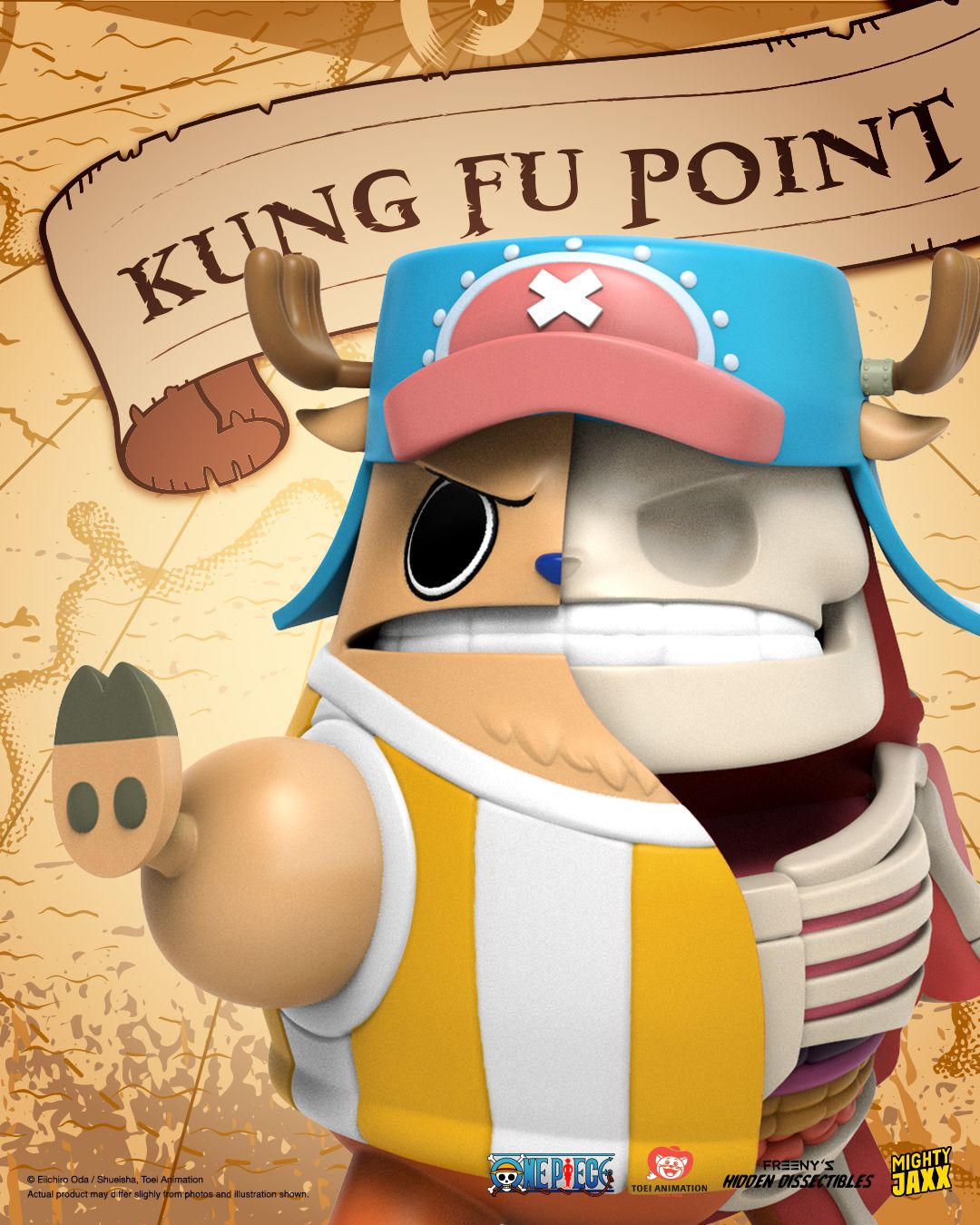 Kung Fu Point Chopper figure, half normal half skeletal, in a martial pose with one arm extended forward to punch.