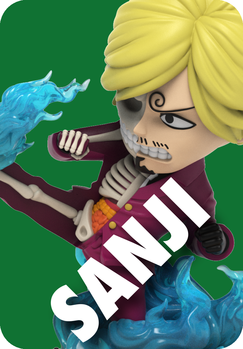 Sanji figure, half-skeletal, blond-haired in purple suit, kicking with blue flames against green background.