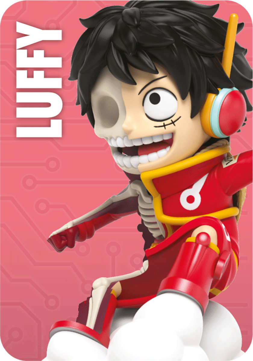 Luffy figure in a red outfit, half skeletal, wearing headphones, arms outstretched with smoke puffs coming from his shoes.