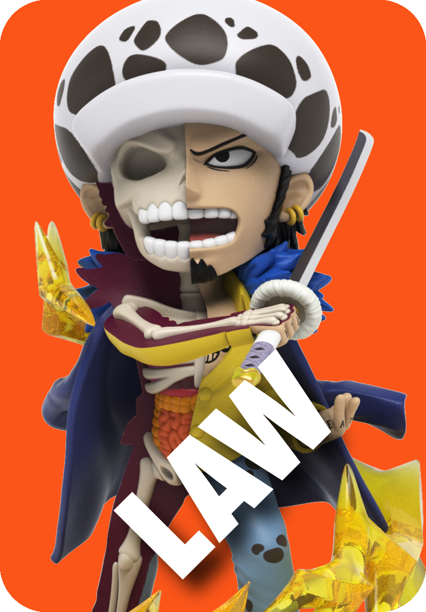 Law figure, half-skeletal, wearing spotted hat and yellow energy effect, holding sword against orange background.