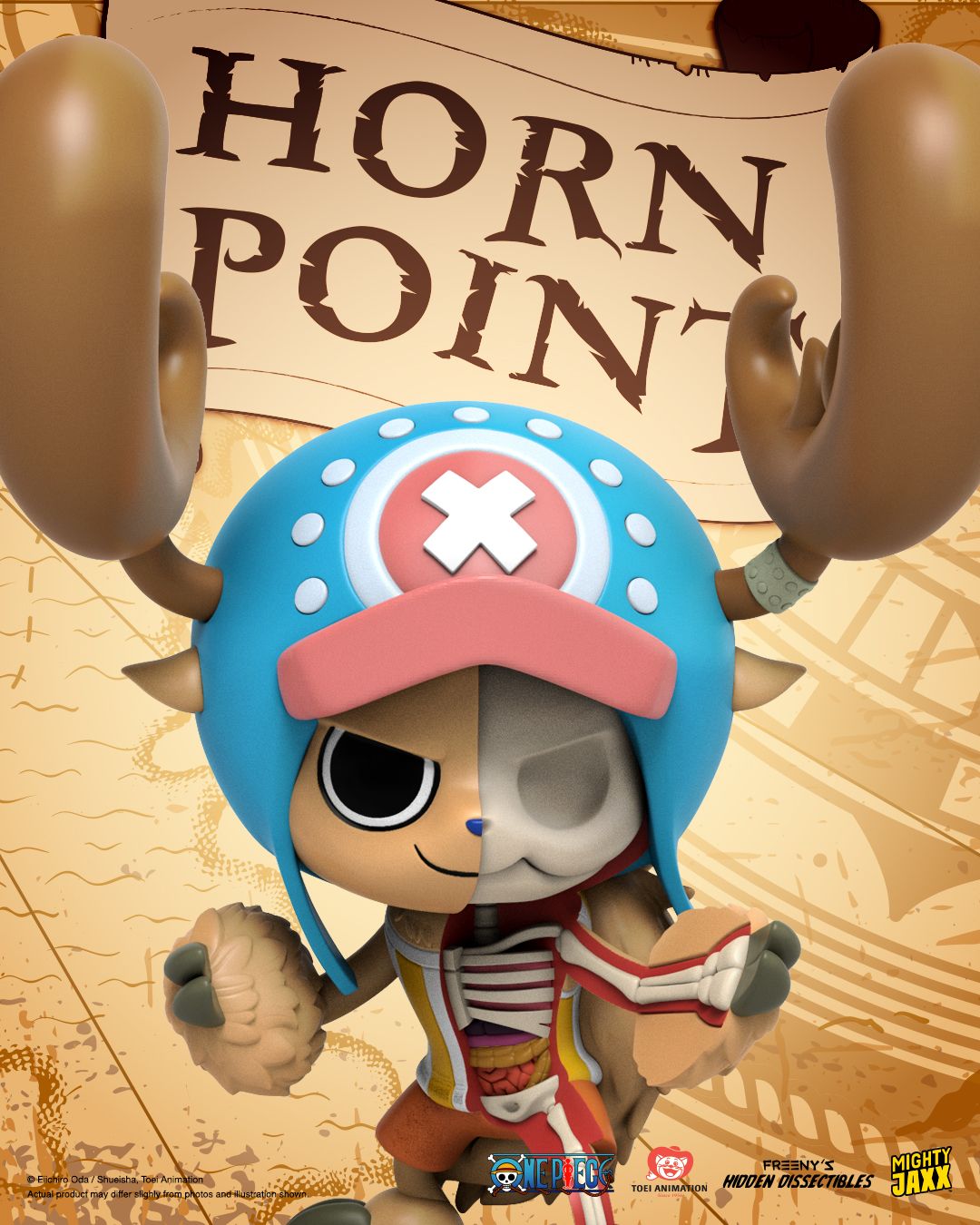 Horn Point Chopper figure, half normal half skeletal, standing ready to strike with enlarged antlers raised.