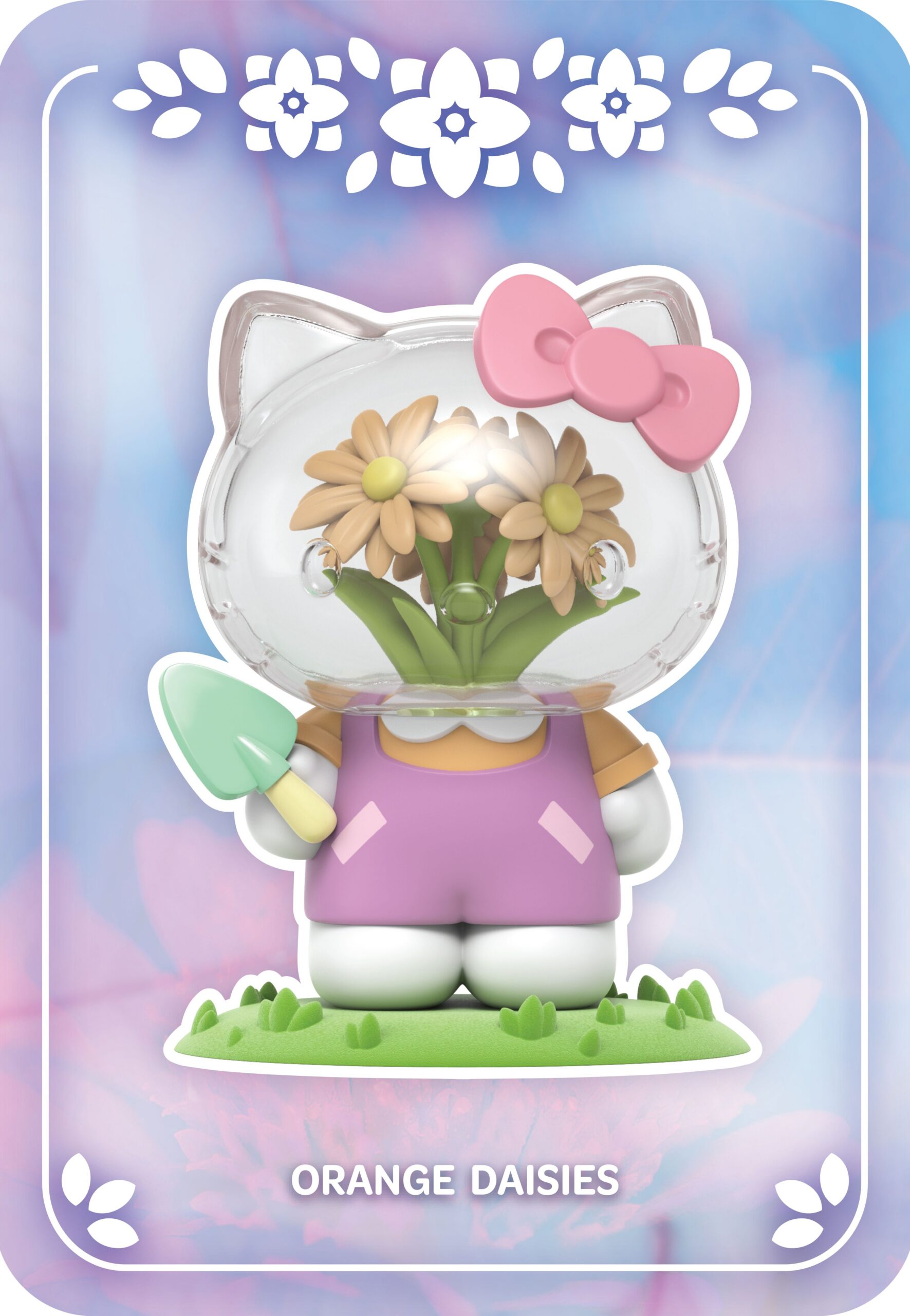 Hello Kitty with orange daisies inside a clear head, wearing a pink outfit and holding a green shovel.