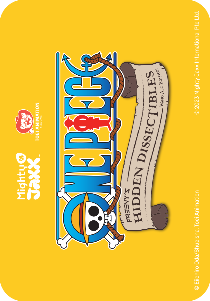 One Piece Hidden Dissectibles logo card with skull emblem and Mighty Jaxx branding on yellow background