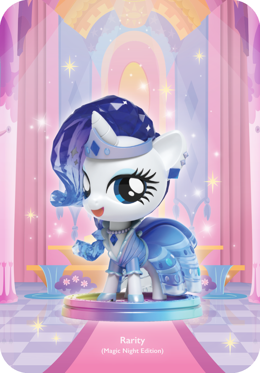 Rarity Magic Night Edition figure in shimmering blue gown with crystal details, and blue mane, posing in a pastel hall