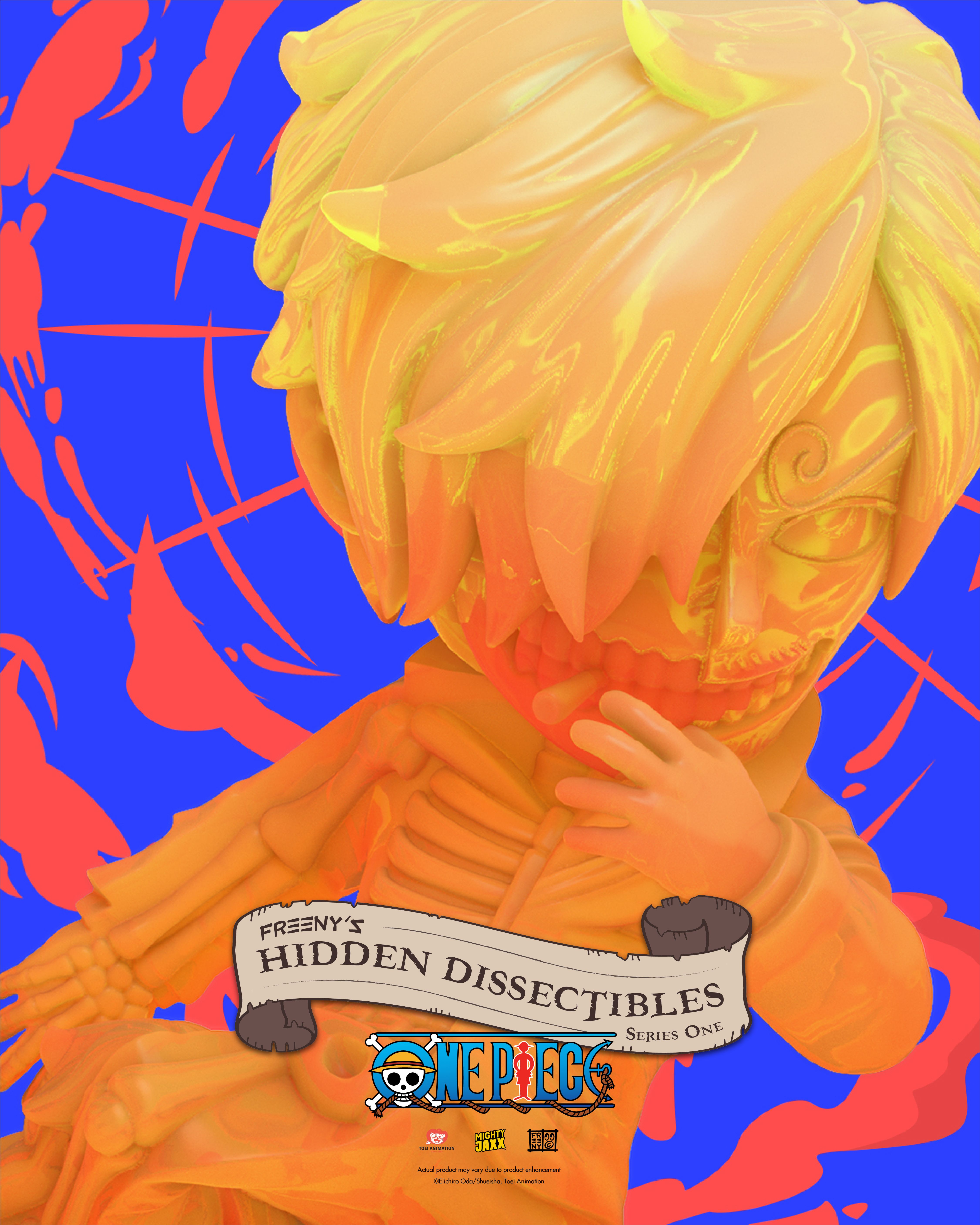 Sanji ultra rare chaser from the One Piece blind box series, golden dissected figure in Jason Freeny’s unique design.
