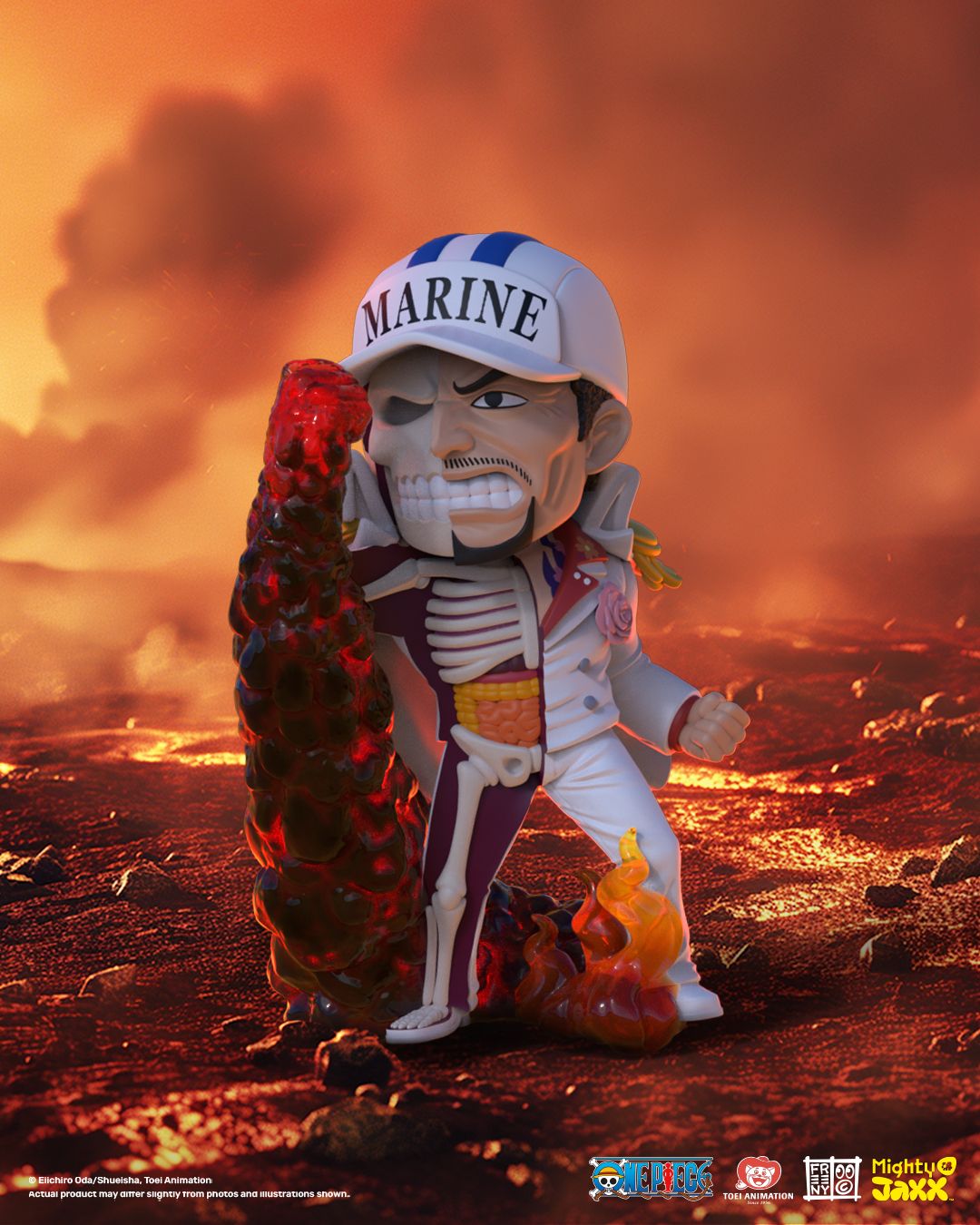 Sakazuki figure, half-skeletal, wearing a Marine cap and white coat, with a magma-covered arm raised in a fiery battlefield.