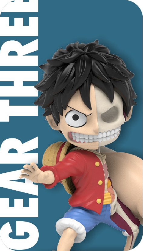Gear Three Luffy figure, half normal half skeletal, in fighting stance with one arm stretched back ready to punch