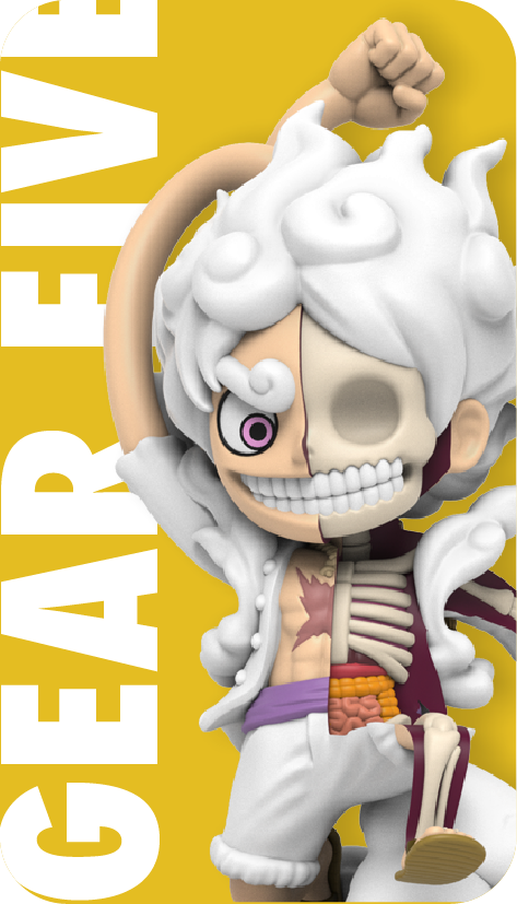 Gear Five Luffy figure, half normal half skeletal, with curly white hair, grinning and raising one arm in a triumphant pose