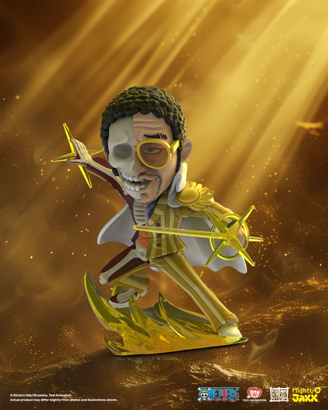 Borsalino figure, half-skeletal, wearing a yellow pinstripe suit and sunglasses, light beams radiating in a golden scene.