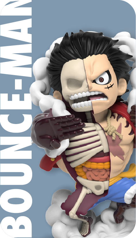 Bounce-Man Luffy figure, half skeletal, right hand reaching forward in attack pose, muscles flexed and steam swirling around