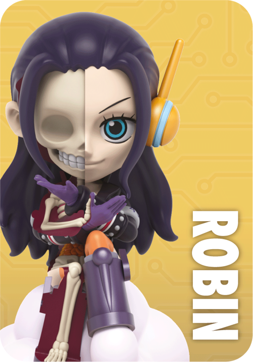 Nico Robin figure, half skeletal, wearing headphones with arms crossed, palms facing upwards, and sitting on a cloud base.