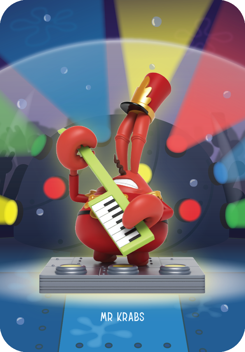 Mr. Krabs Band Geeks blind box collectible figure rocking out on a green keytar in marching band attire.