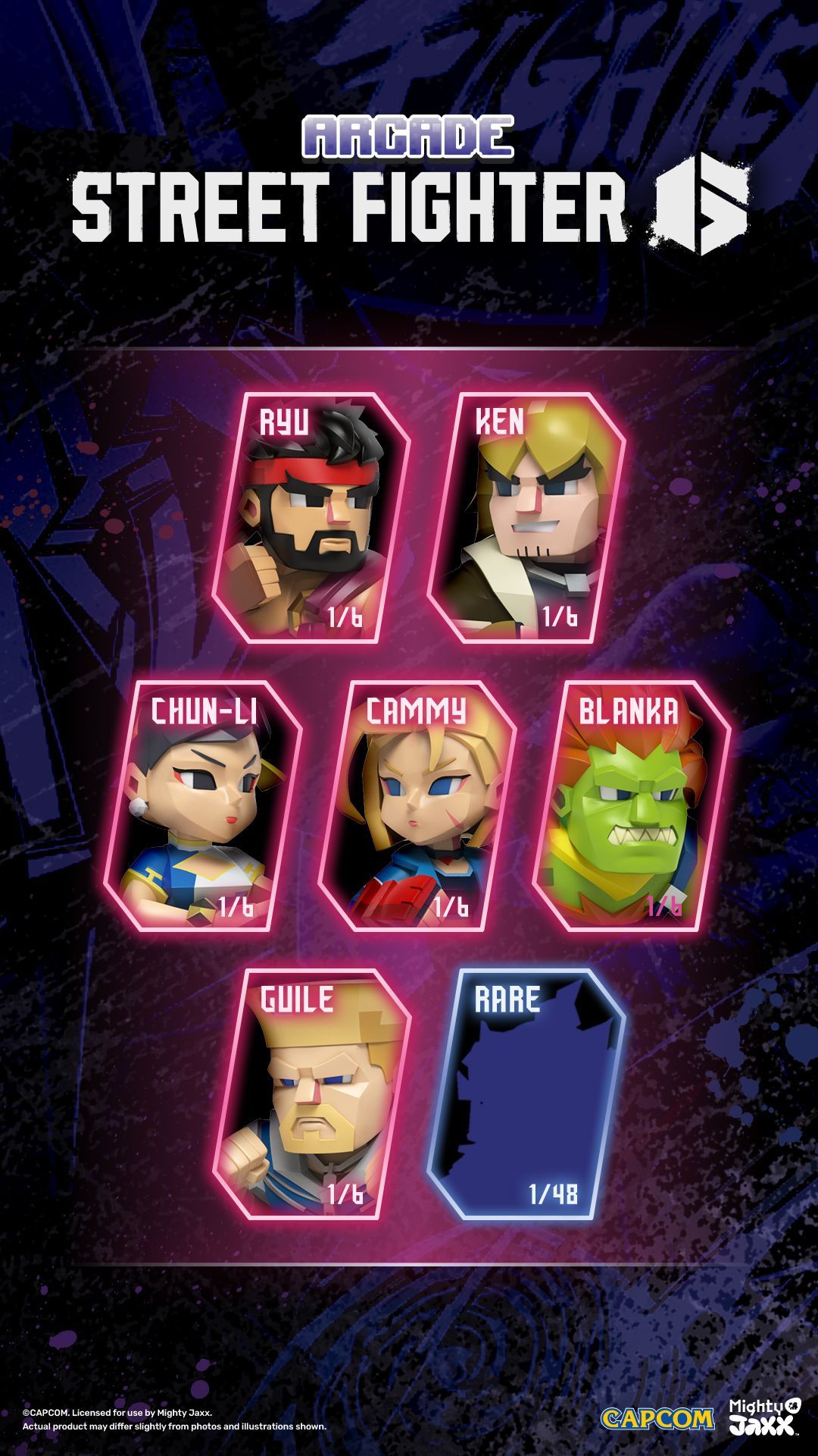 Street Fighter figures lineup featuring Ryu, Ken, Chun-Li, Cammy, Guile and more including rare figure in arcade style