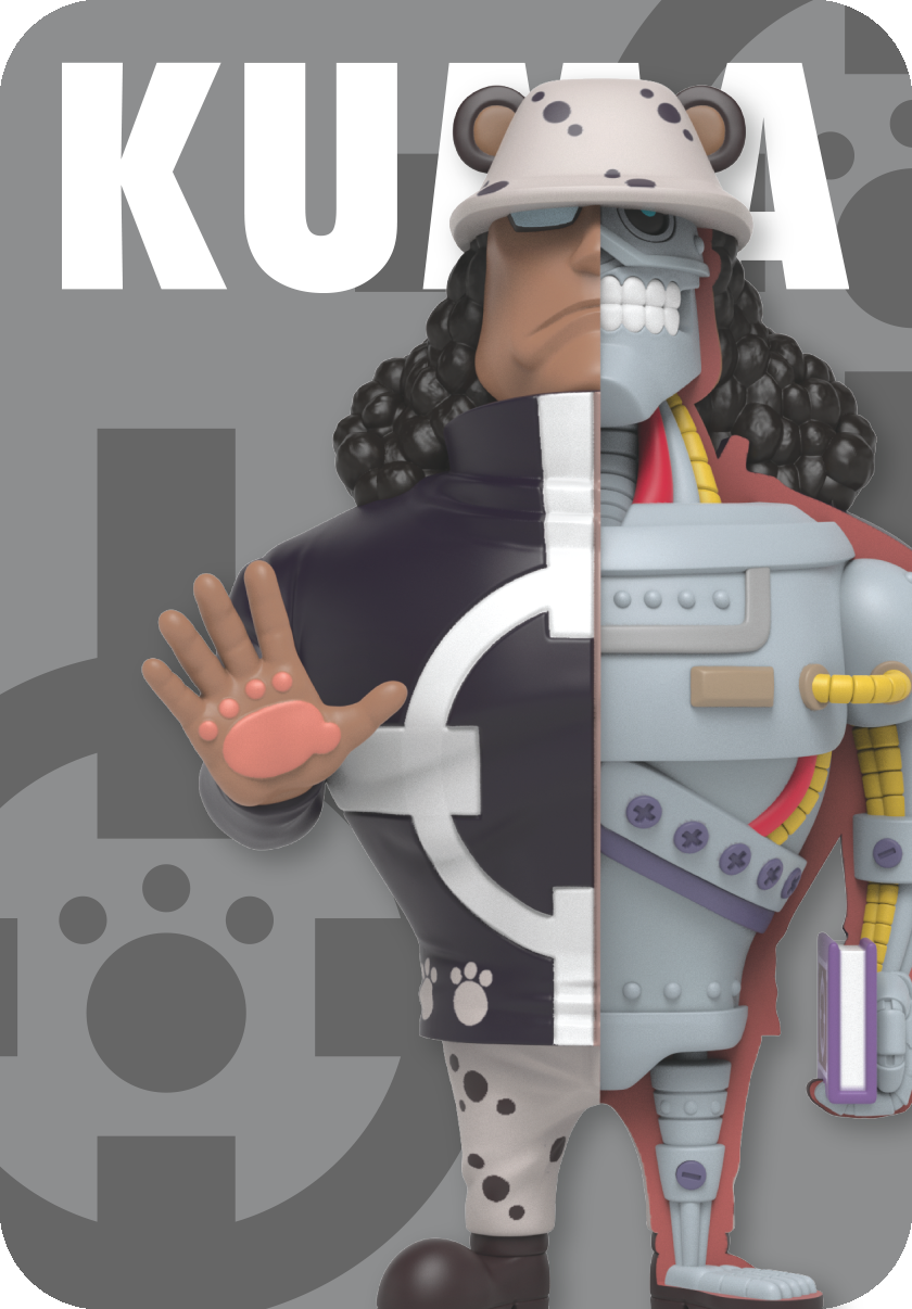 Bartolomew Kuma from One Piece figure, half skeletal, standing with one arm reaching forward and the other by his side.