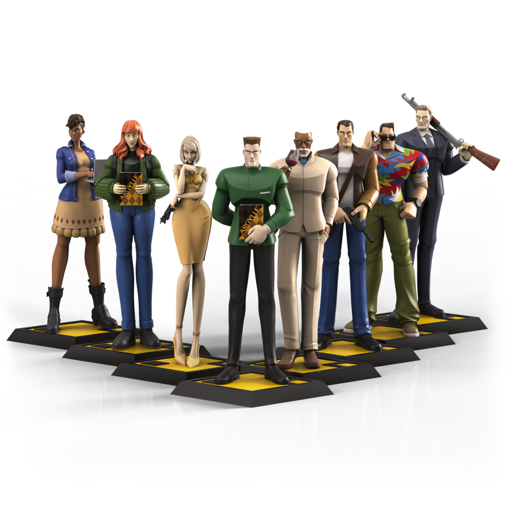 The Argylle Movie Collection featuring eight stylized polystone figures on a black and yellow platform, embodying spy mystique.