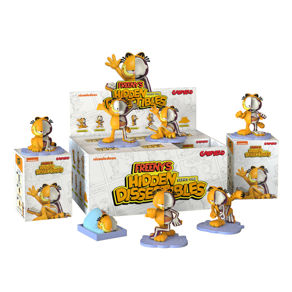 Hidden Dissectibles Garfield set by Jason Freeny features Garfield figures with various moods and poses with packaging boxes.