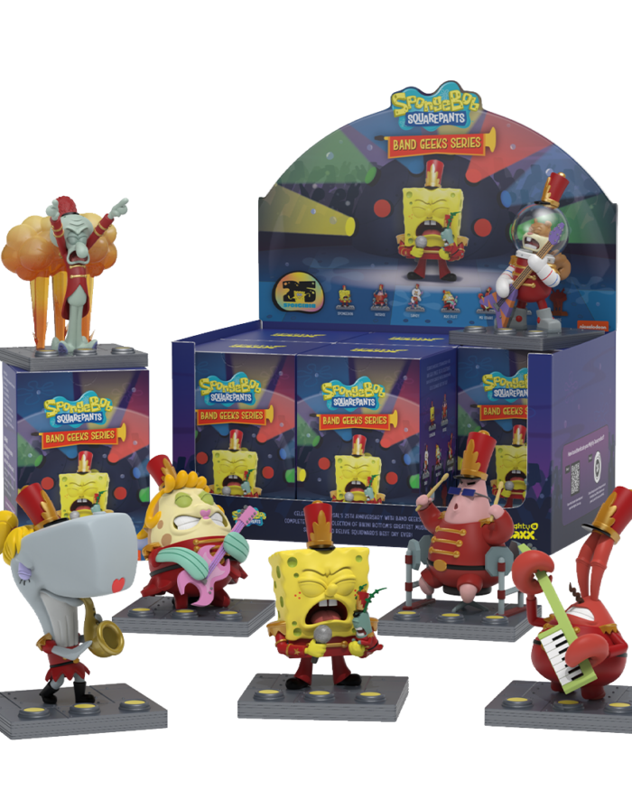 SpongeBob Band Geeks blind boxes showing SpongeBob, Patrick, Sandy, Mr. Krabs, Pearl, Mrs. Puff, and Squidward performing.