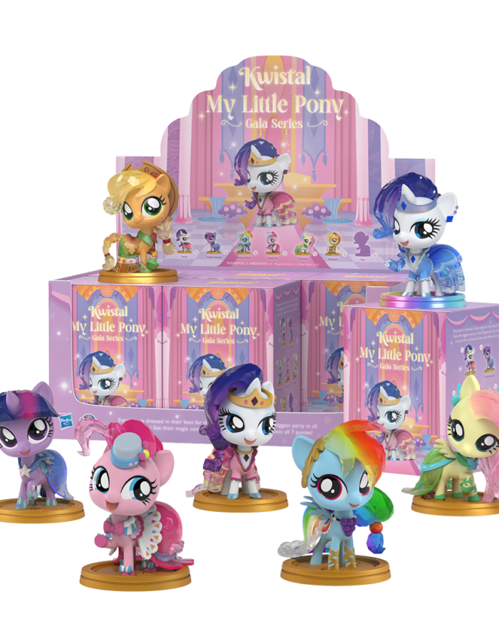 Kwistal My Little Pony Gala Series figures including Applejack, Fluttershy, Pinkie Pie and more around their packaging boxes.