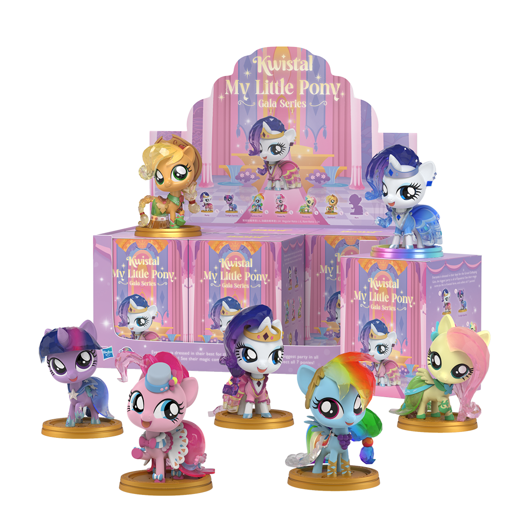 Kwistal My Little Pony Gala Series figures including Applejack, Fluttershy, Pinkie Pie and more around their packaging boxes.