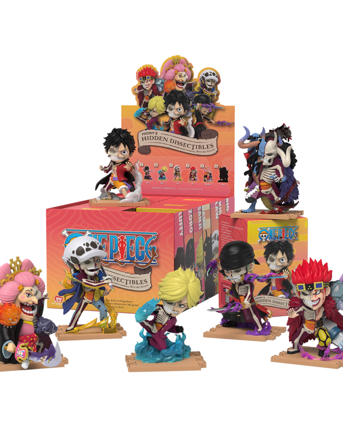 One Piece Hidden Dissectibles display featuring Luffy, Zoro, Sanji, Law, Kid, Big Mom, and Kaido around packaging boxes.