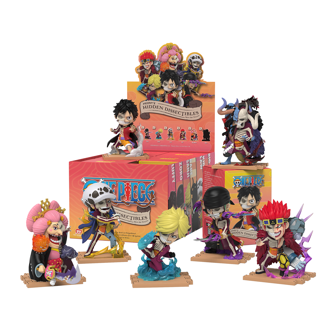 One Piece Hidden Dissectibles display featuring Luffy, Zoro, Sanji, Law, Kid, Big Mom, and Kaido around packaging boxes.